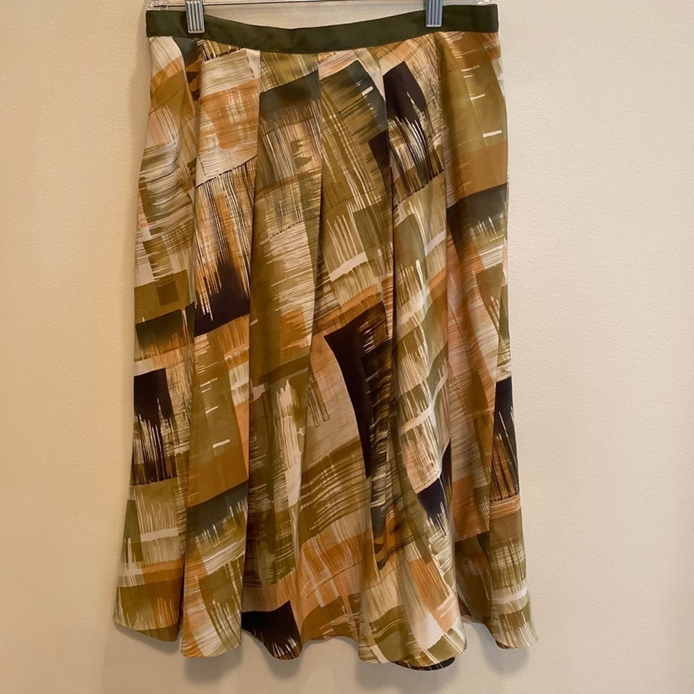 Anne Klein 100% silk wide pleated skirt gold olive green peach size 6